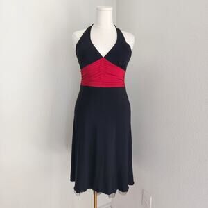Y2K Byer Black Red Halter Ruched Waist A-Line Midi Dress V Neck Vampirecore L